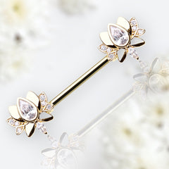 Pair of 14G Gold Blooming Lotus Nipple Barbell. Nipple Rings. Nipple Jewelry