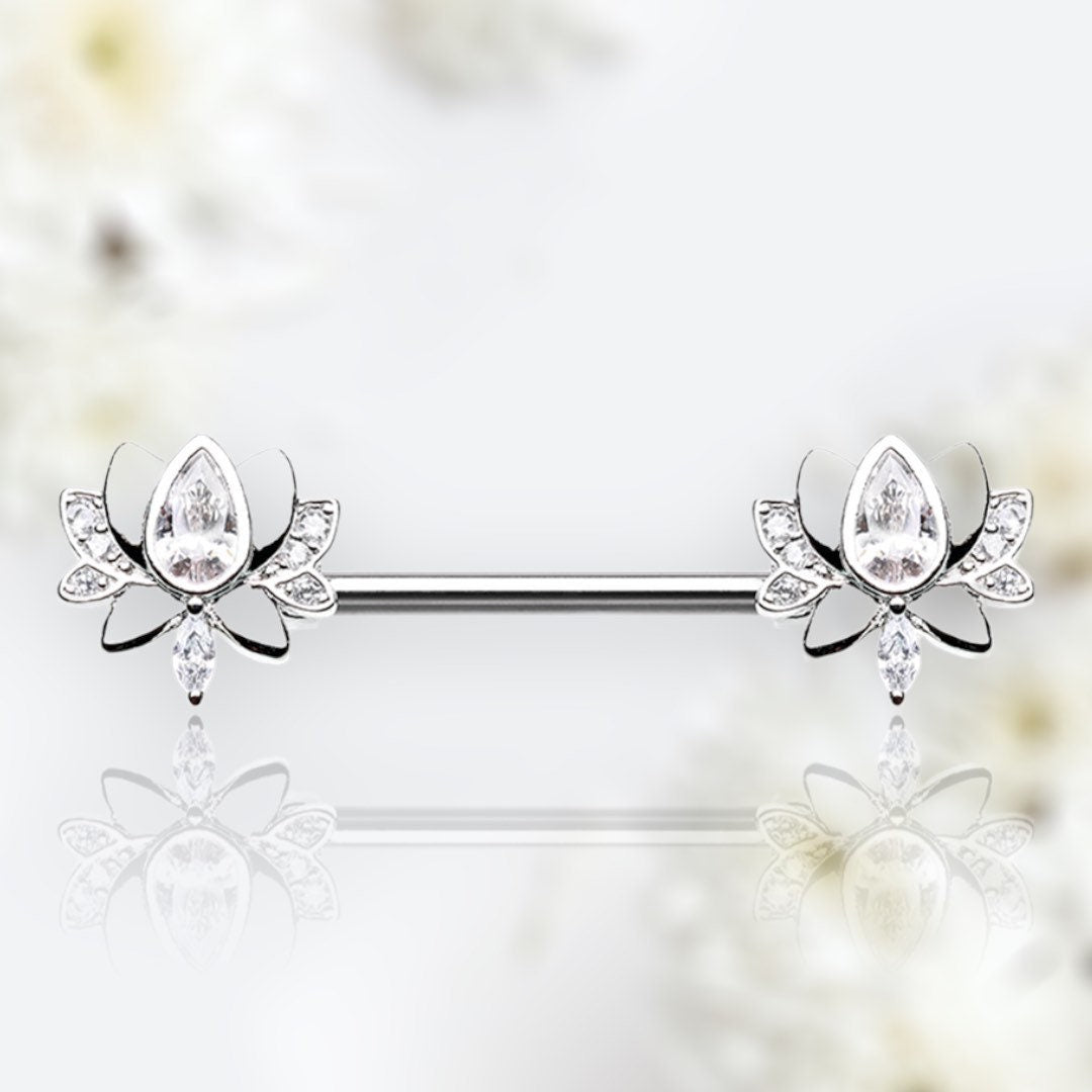 Pair of 14G Silver Blooming Lotus with Clear Stone Nipple Barbell. Nipple Rings. Nipple Jewelry