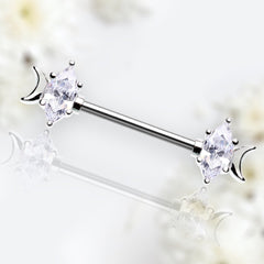 Pair of 14G Silver Crescent Moon Marquise Center Nipple Barbell. Nipple Rings. Nipple Jewelry