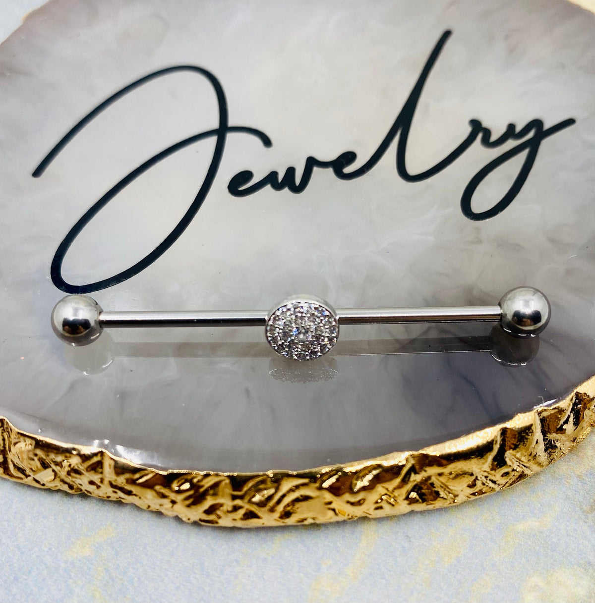 14G Silver Round Multi Paved CZ's 38MM Length Industrial Barbell.