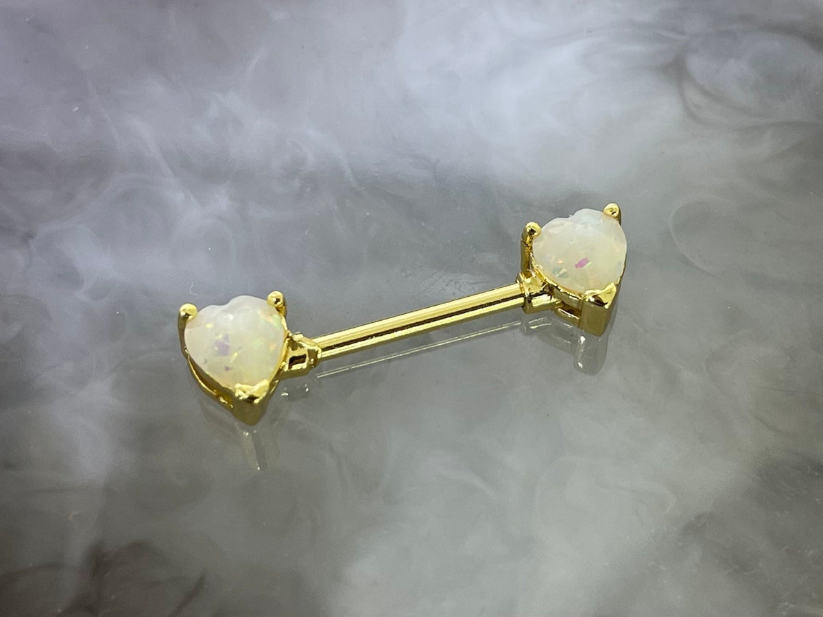 Pair of 14G Gold White Opal Hearts Nipple Barbell. Nipple Rings. Nipple Piercing. Nipple Jewelry.