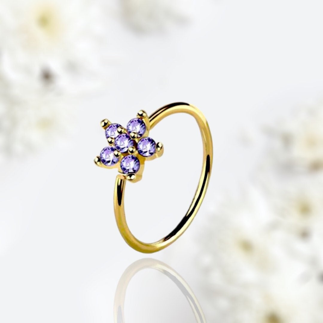 20G Gold Purple Gems Flower Top Bendable Nose Hoop. Cartilage Hoop. Nose Ring. Nose Piercing.