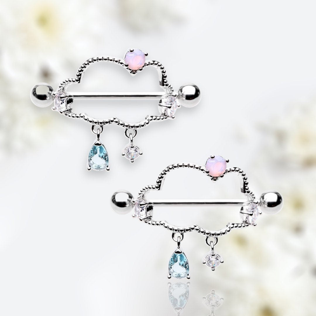 Pair of 14G Silver Raining Cloud with Sparkling Stones Nipple Shield Barbells. Nipple Shield. Nipple Ring. Nipple Jewelry