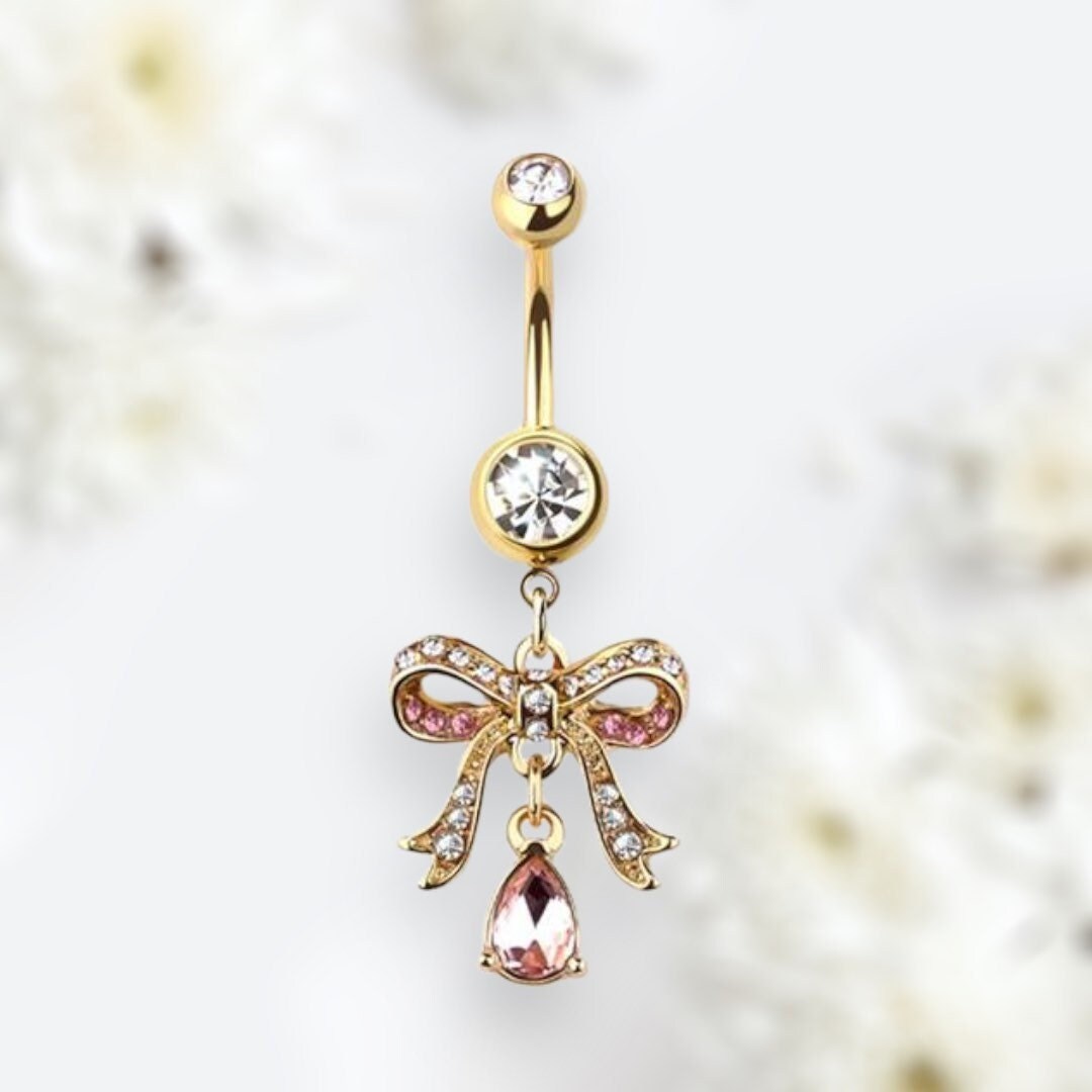 14G Gold Pink Ribbon with Dangling Teardrop Belly Button Ring