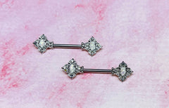 Pair of 14G Silver Floral Filigree with Crystals and White Opal Center Nipple Barbell. Nipple Rings. Nipple Piercing. Nipple Jewelry.