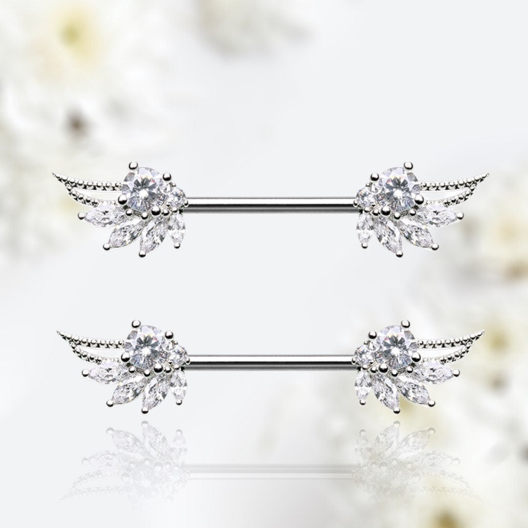 Pair of 14G Silver Guardian Angel Wings with Sparkling Stones Nipple Barbell. Nipple Rings. Nipple Jewelry