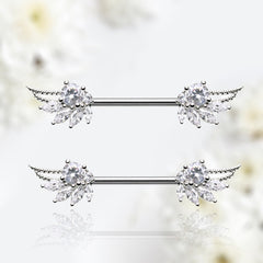 Pair of 14G Silver Guardian Angel Wings with Sparkling Stones Nipple Barbell. Nipple Rings. Nipple Jewelry