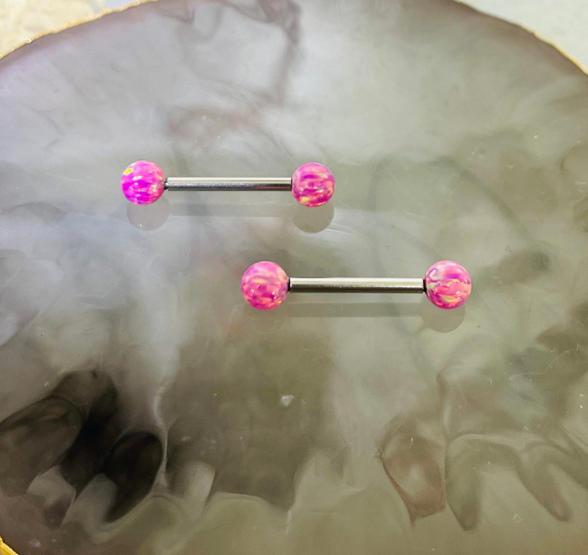 Pair of 14G Internally Threaded Pink Opal End Nipple Barbell. Nipple Rings. Nipple Piercing. Nipple Jewelry.