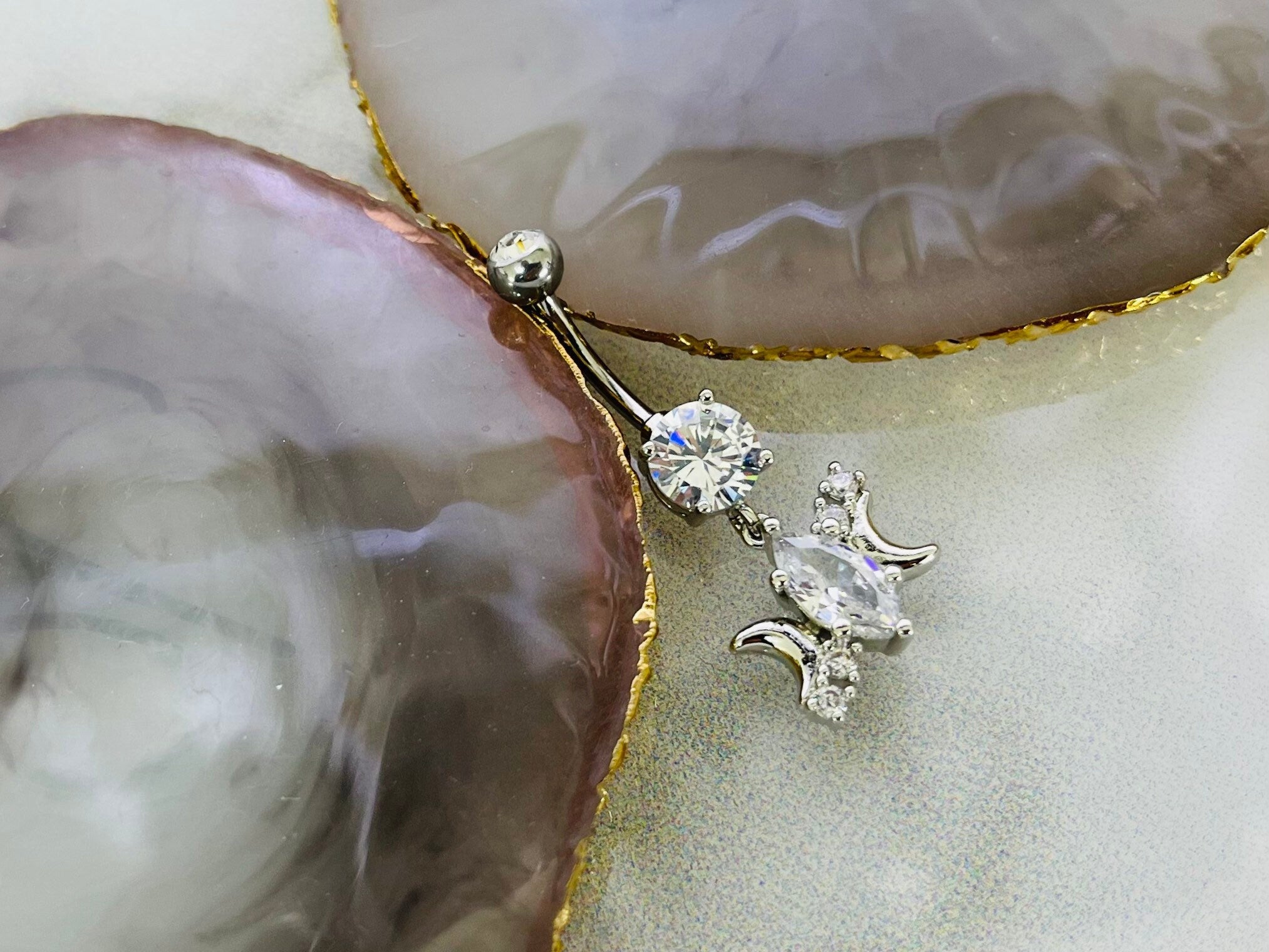 14G Silver Sparkling Marquise Stone Center with Dainty Moon Belly Button Ring