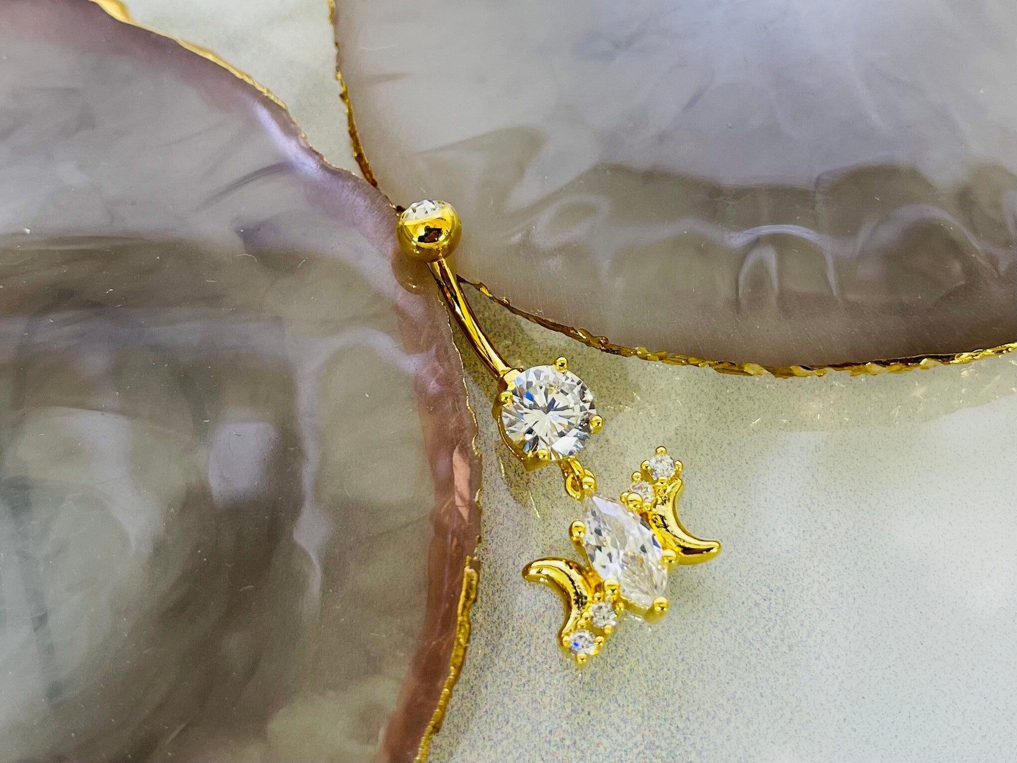 14G Gold Sparkling Marquise Stone Center with Dainty Moon Belly Button Ring