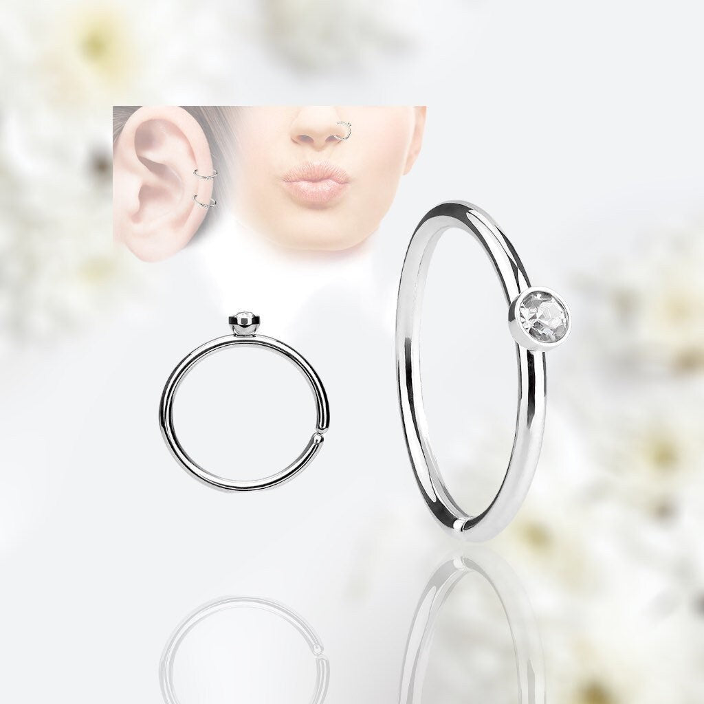 20G Single Clear Stone Top Bendable Nose Hoop. Cartilage Hoop. Nose Ring. Nose Piercing. Cartilage Piercing.