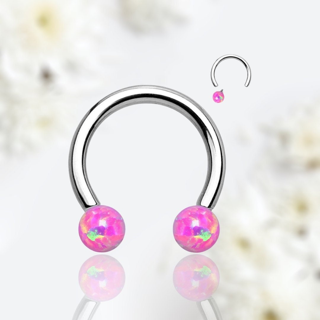 16G Internally Threaded Pink Opal Ends 8MM Horseshoe Septum Ring.