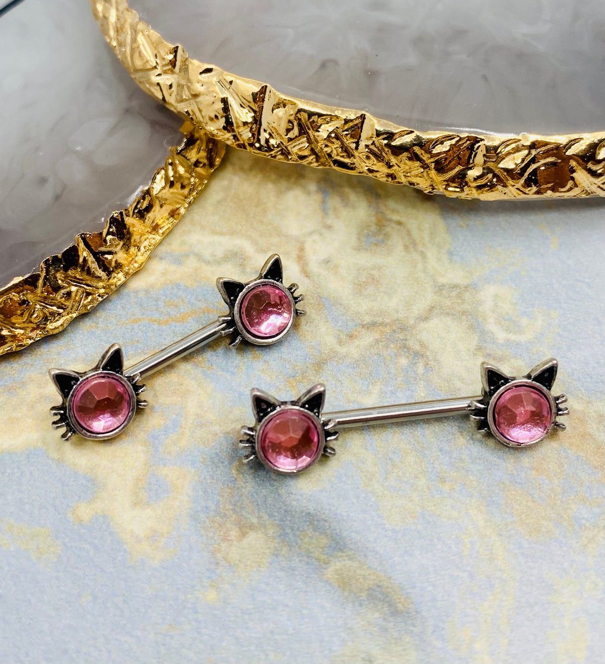 Pair of 14G Cute Kitty Face with Pink Stone Nipple Barbells. Nipple Jewelry.