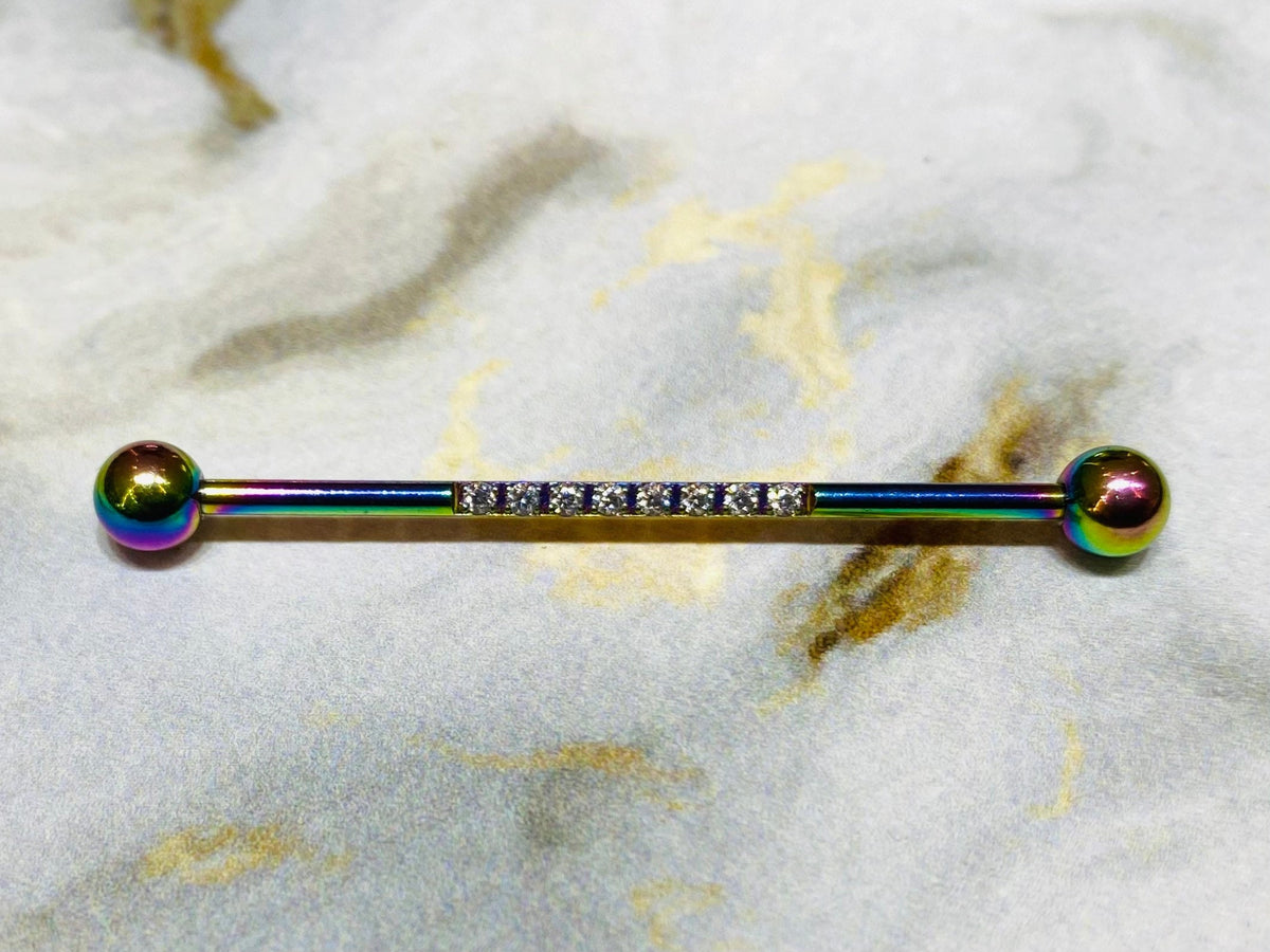 14G Rainbow Industrial Barbell with Sparkling Clear Stones. 38mm Length. Industrial Piercing. Industrial Bar. Ear Piercing. Body Jewelry