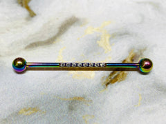 14G Rainbow Industrial Barbell with Sparkling Clear Stones. 38mm Length. Industrial Piercing. Industrial Bar. Ear Piercing. Body Jewelry