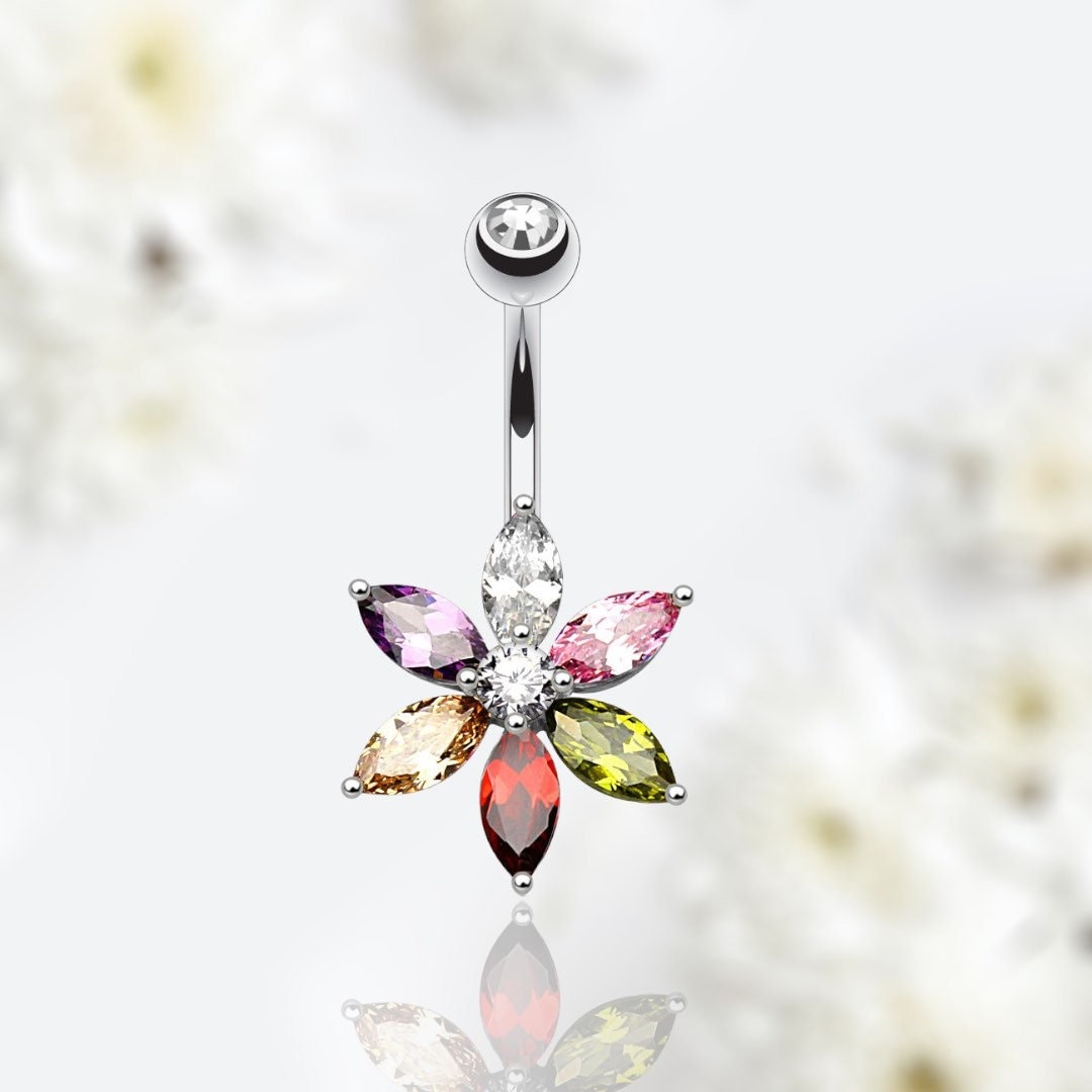 Multicolored Stone Marquise Flower Petals Belly Button Ring