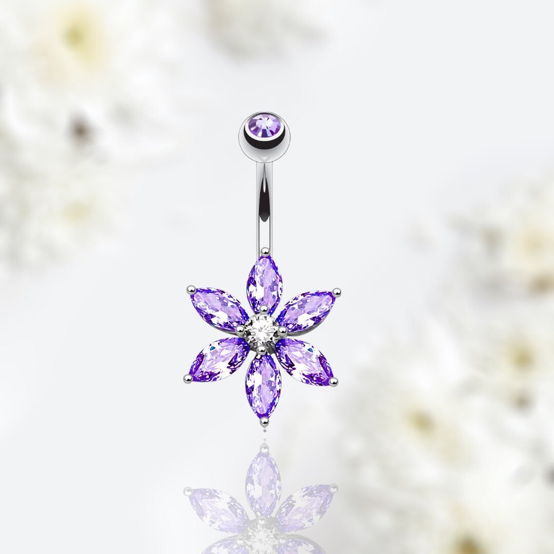 Purple Stone Marquise Flower Petals Belly Button Ring