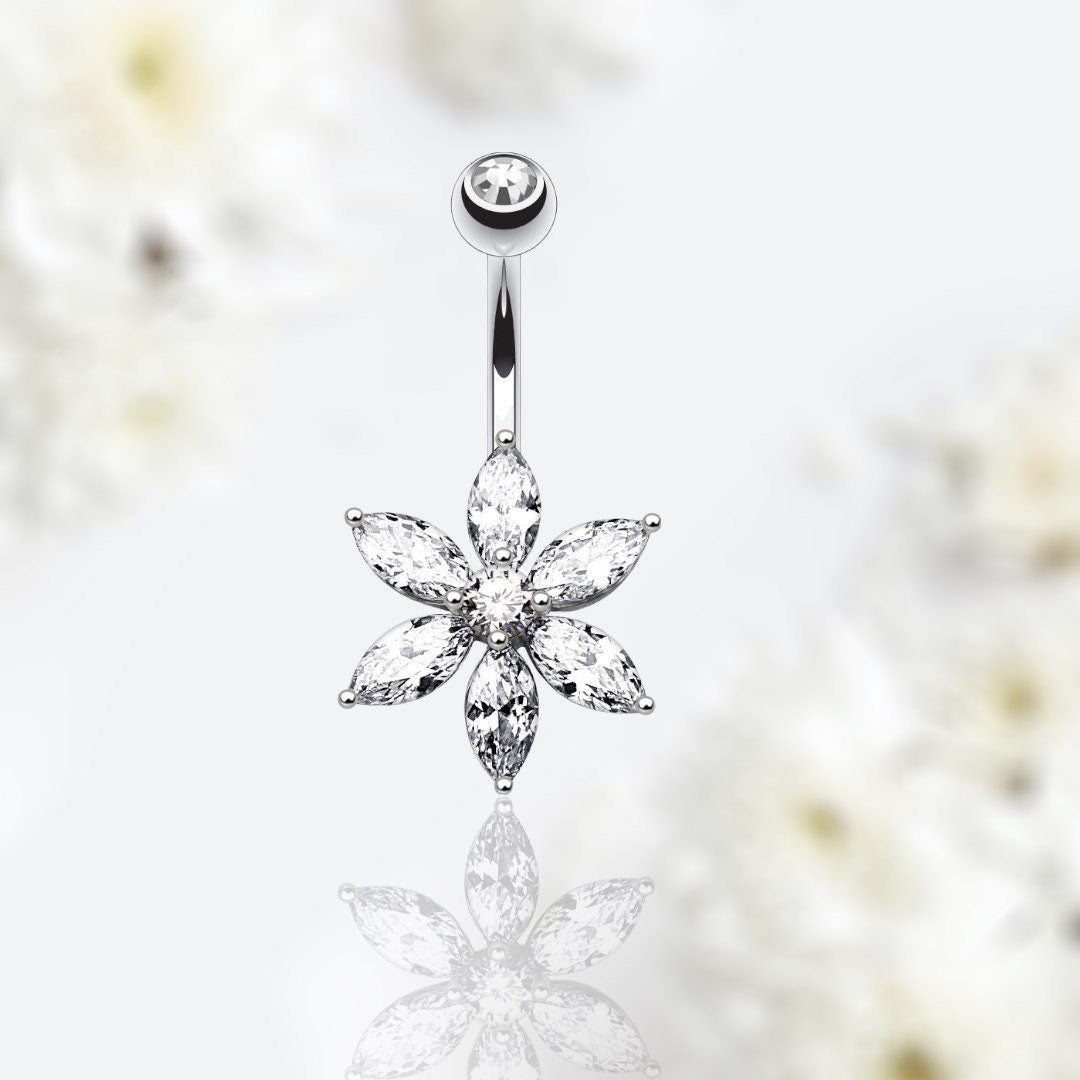 Clear Stone Marquise Flower Petals Belly Button Ring