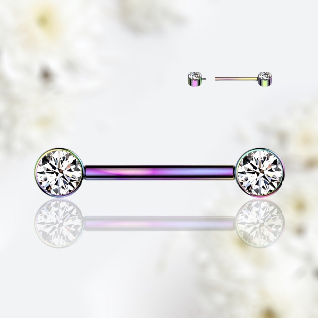 Pair of 14G Implant Grade Titanium Internally Threaded Rainbow Bezel Set Clear Stone Nipple Barbell.