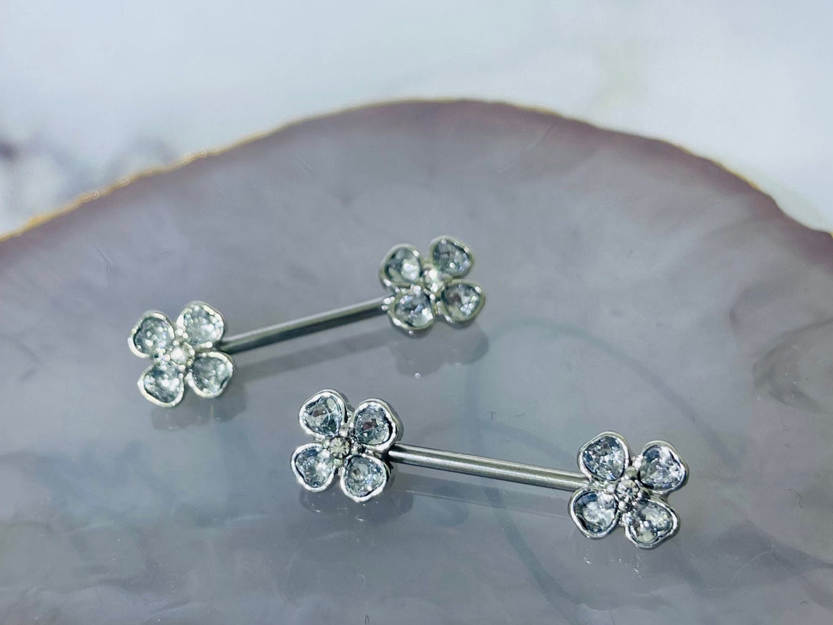 Pair of 14G Silver Clear Stone Heart Clover Nipple Barbells. Nipple Piercing. Nipple Rings. Nipple Jewelry.