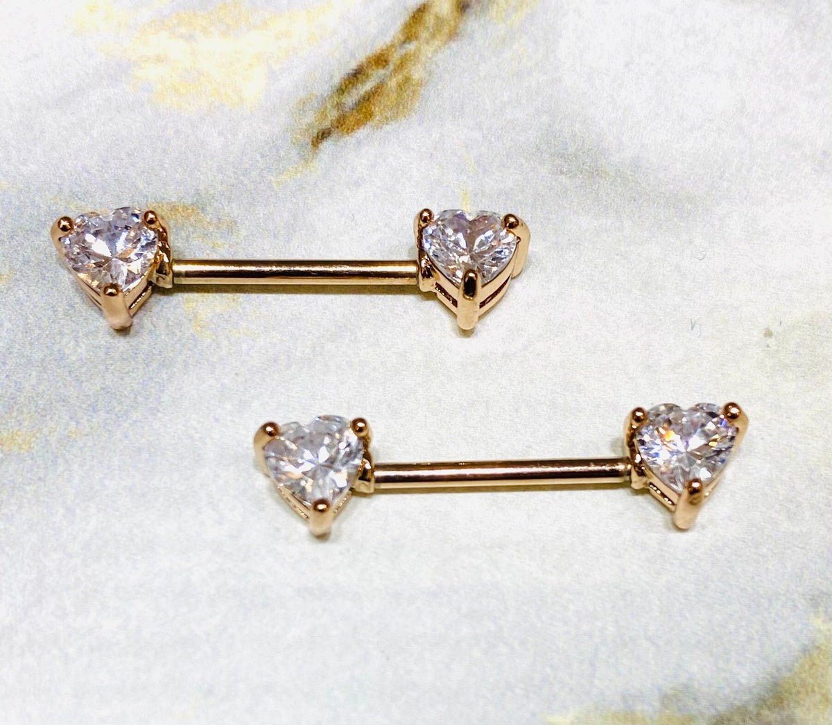 14G Prong Set Rose Gold Heart Shape Nipple Barbells. Nipple Piercings. Nipple Rings. Nipple Jewelry