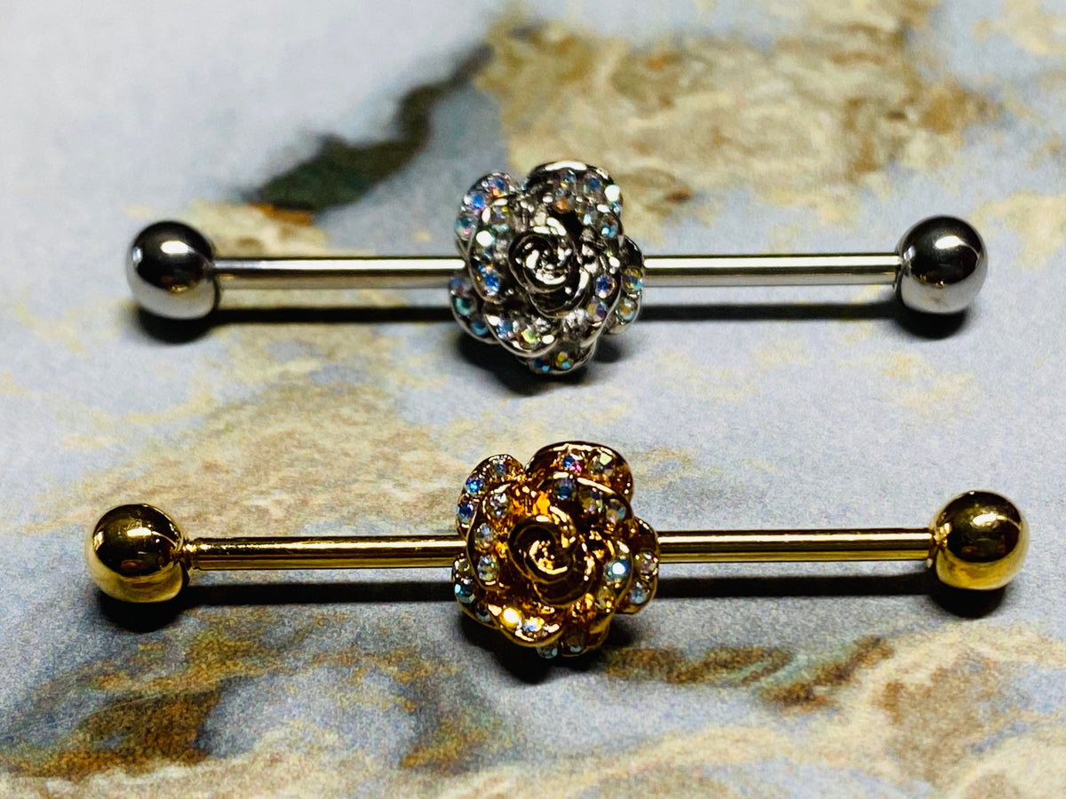 14G Rose with Aurora Borealis Stones Industrial Barbell. Industrial Bar. Industrial Piercing. Body Jewelry