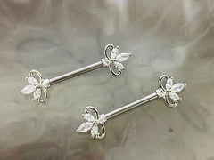 Pair of 14G Silver Clear Marquise Stones Nipple Barbell. Nipple Piercing. Nipple Rings. Nipple Jewelry.