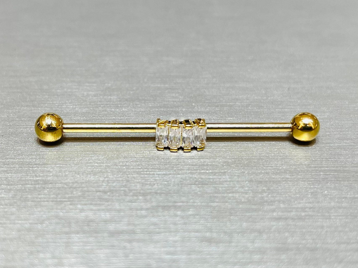 14G Gold Baguette Square Stones Industrial Barbell Piercing. 38mm Length. Industrial Barbell. Ear Piercing. Body Jewelry.