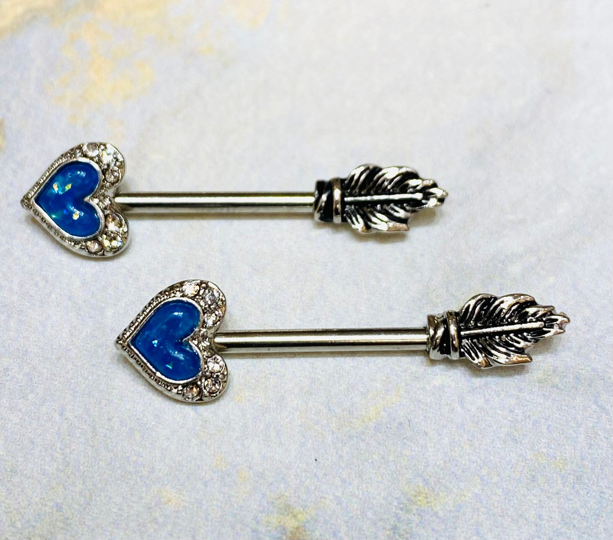 14G Blue Opal Glitter Heart Arrow with Feather End Nipple Barbell. Nipple Piercings. Nipple Rings. Nipple Jewelry