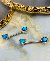 Pair of 14G Iridescent Stone Heart Shape Nipple Barbell. Nipple barbell. Nipple piercing. Nipple Jewelry.