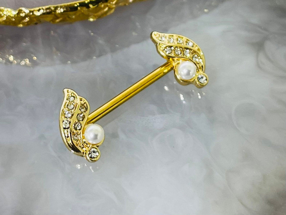 Pair of 14G Surgical Steel Gold Wings with Pearl Nipple Barbell. Nipple Piercing. Nipple Rings. Nipple Jewelry.