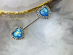 Pair of 14G Surgical Steel Antique Silver Blue Opal Heart Nipple Barbell. Nipple Piercing. Nipple Rings. Nipple Jewelry