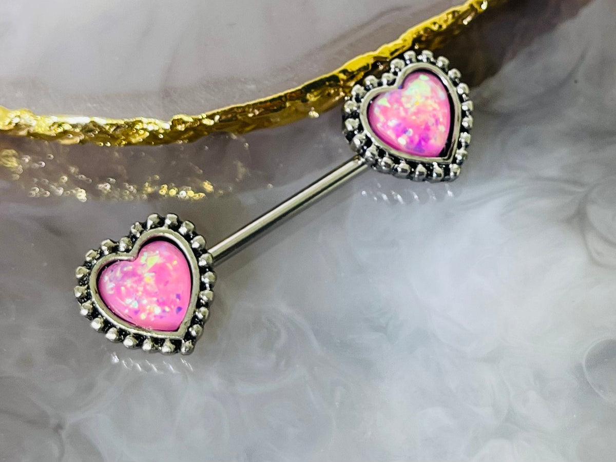 Pair of 14G Surgical Steel Antique Silver Pink Heart Opal Nipple Barbell. Nipple Piercing. Nipple Rings. Nipple Jewelry