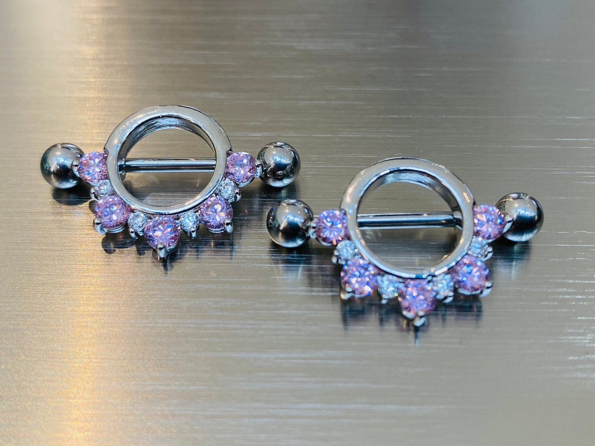 14G Half Circled Pink & Clear Stones Nipple Shield. Nipple Piercings. Nipple Rings. Nipple Jewelry.