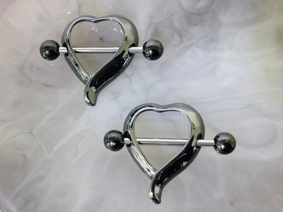 Set of 14G Plain Black Heart Shape Nipple Shield. Nipple Rings. Nipple Piercing. Nipple Jewelry