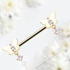 Pair of 14G Gold Dangling Sparkle Butterly Nipple Barbell. Nipple Rings. Nipple Jewelry. Nipple Piercing