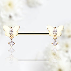 Pair of 14G Gold Dangling Sparkle Butterly Nipple Barbell. Nipple Rings. Nipple Jewelry. Nipple Piercing