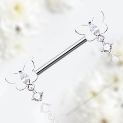 Pair of 14G Silver Dangling Sparkle Butterly Nipple Barbell. Nipple Rings. Nipple Jewelry. Nipple Piercing