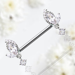 Pair of 14G Silver Marquise Leaf Dangling Clear Gem Nipple Barbell