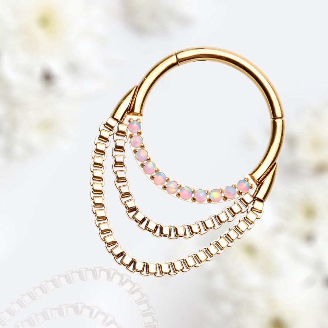 16G Gold Multicolor Gems Dangling Chains Seamless Septum Clicker Ring