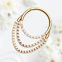 16G Gold Clear Gems Dangling Chains Seamless Septum Clicker Ring