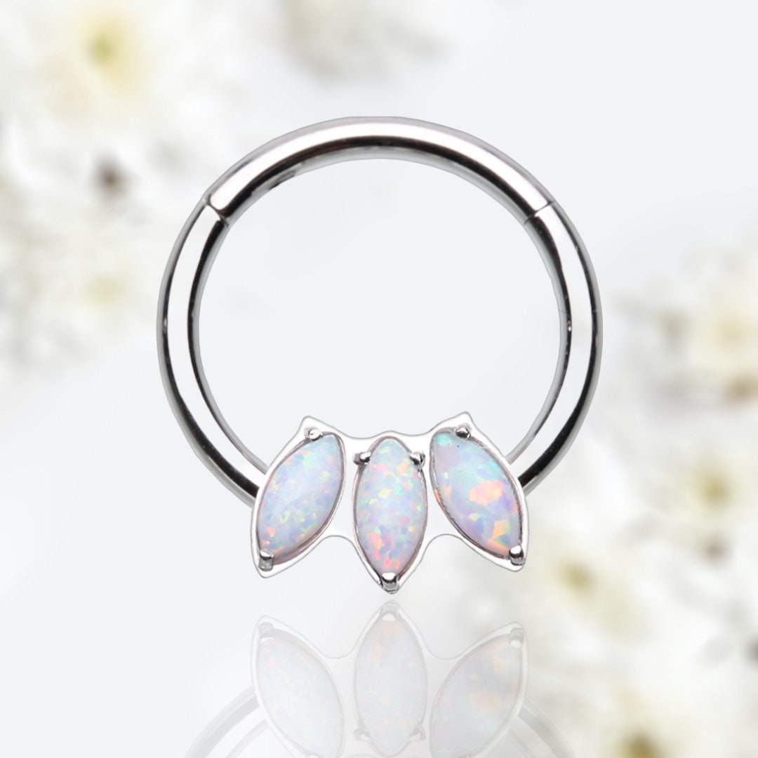 16G Silver Dainty Triple White Opal Marquise Seamless Hinged Septum Clicker Ring