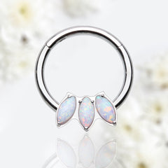 16G Silver Dainty Triple White Opal Marquise Seamless Hinged Septum Clicker Ring