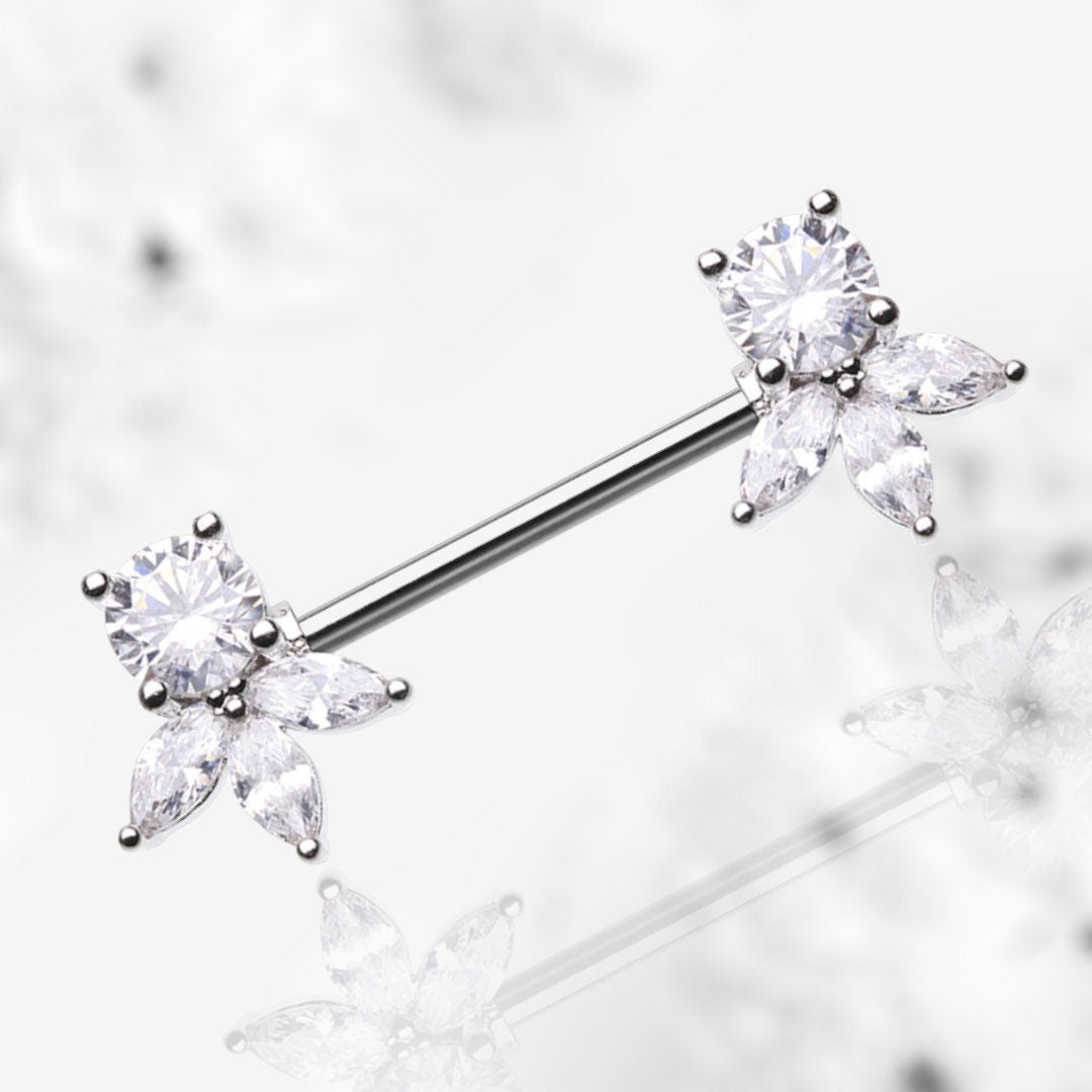 Pair of 14G Silver Dainty Leaf Clear Gem Nipple Barbell