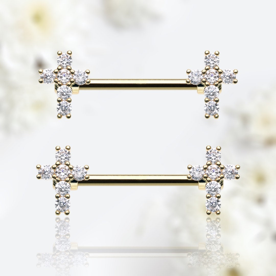 Pair of 14G Gold Sparkling Clear Gem Cross Nipple Barbell