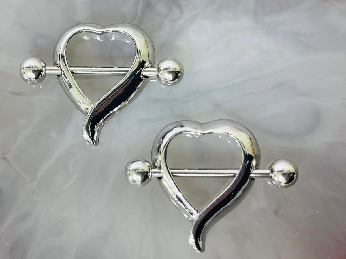 Set of 14G Plain Silver Heart Shape Nipple Shield. Nipple Rings. Nipple Piercing. Nipple Jewelry