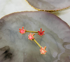 Pair of 14G Gold Pink Glitter Marijuana Leaf Nipple Barbell.