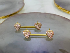 Pair of 14G Gold Pink Gems Strawberry Ends Nipple Barbell.