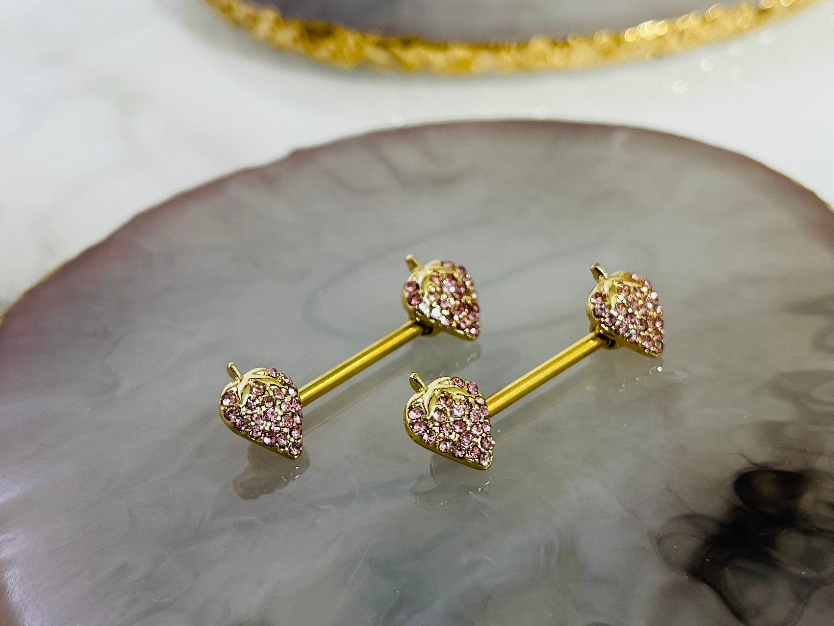 Pair of 14G Gold Pink Gems Strawberry Ends Nipple Barbell.