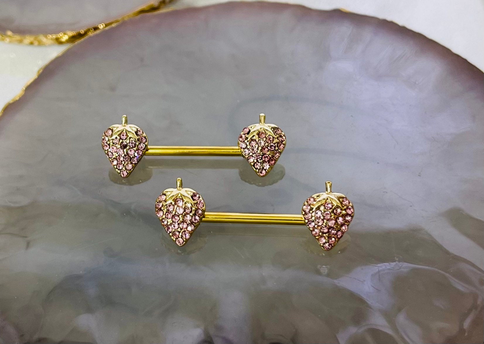 Pair of 14G Gold Pink Gems Strawberry Ends Nipple Barbell.